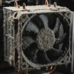 Cooler de CPU coberto de pó e sujidade, a causar superaquecimento e a necessitar de uma limpeza interna profissional por Diogo Carvalho Informática.