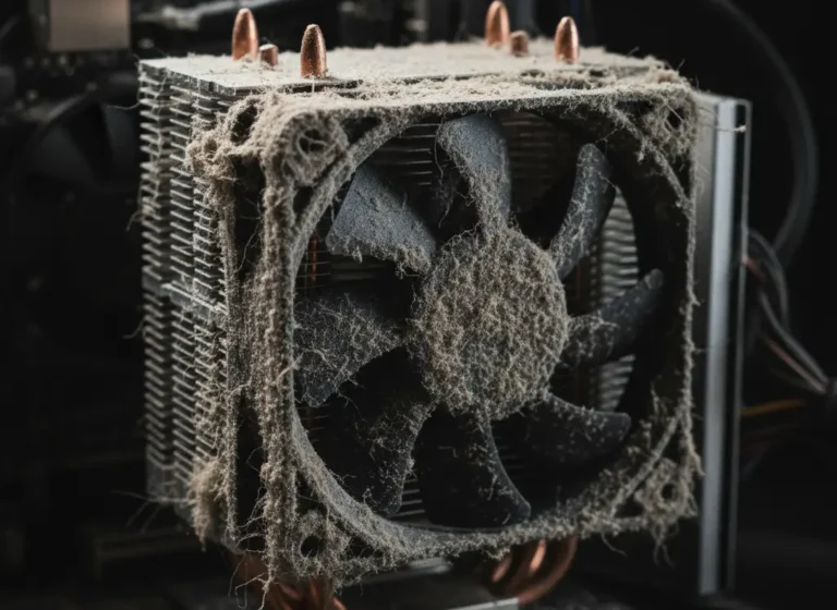 Cooler de CPU coberto de pó e sujidade, a causar superaquecimento e a necessitar de uma limpeza interna profissional por Diogo Carvalho Informática.