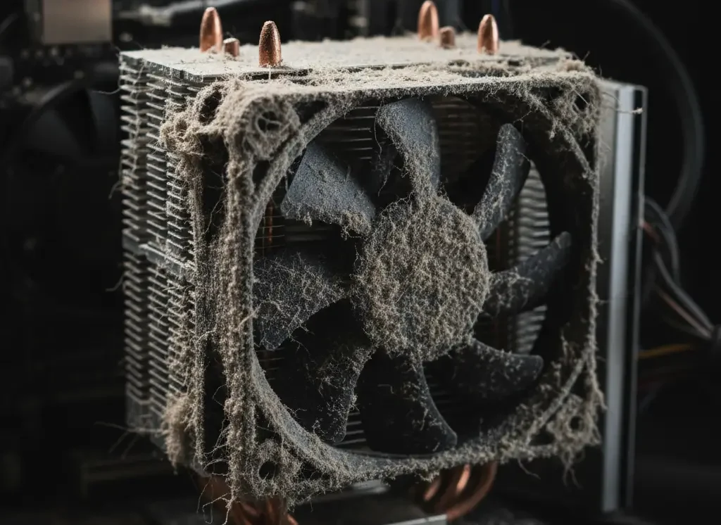 Cooler de CPU coberto de pó e sujidade, a causar superaquecimento e a necessitar de uma limpeza interna profissional por Diogo Carvalho Informática.